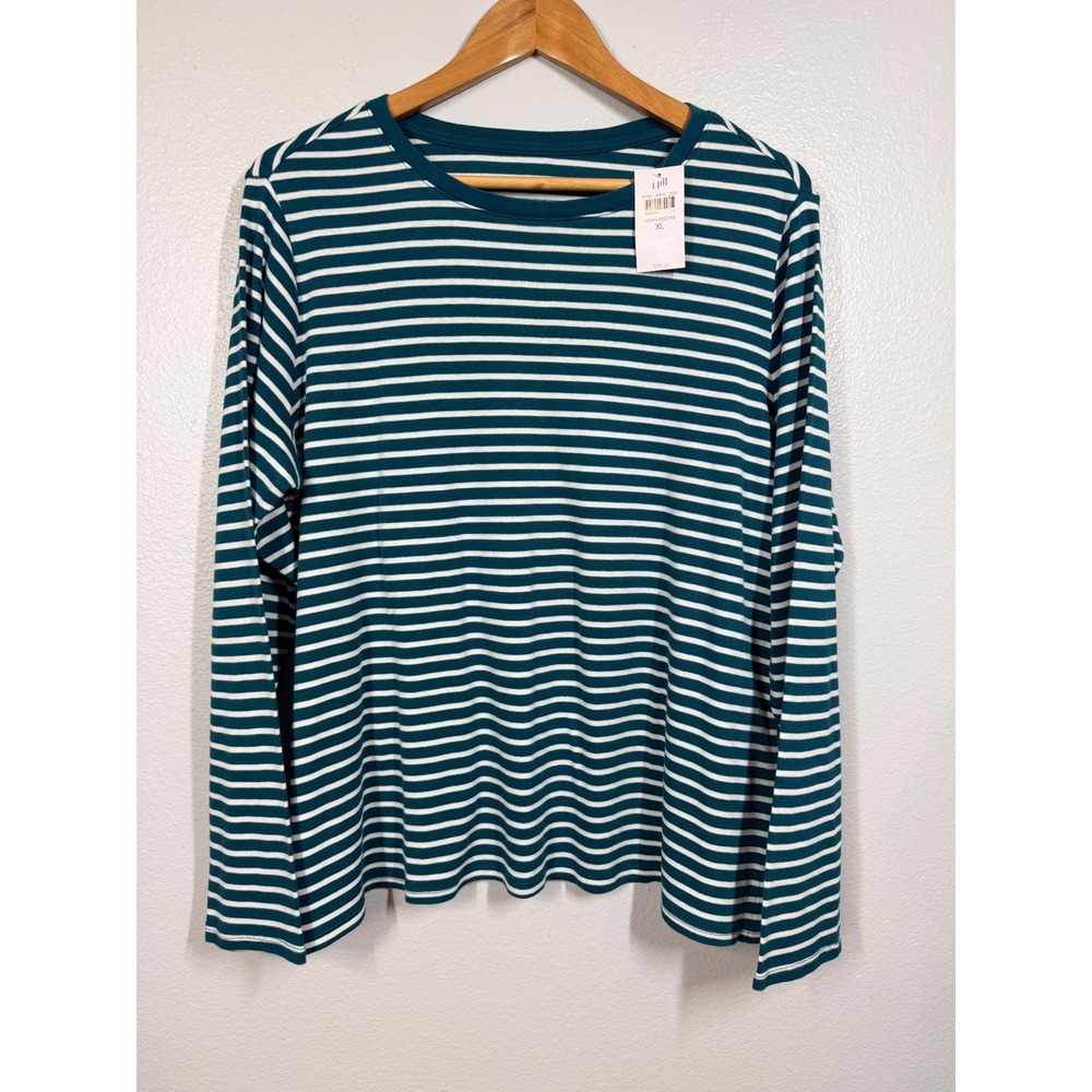 J. Jill Long-Sleeve Pima Crew-Neck Tee Women XL Teal White Striped Pima Cotton